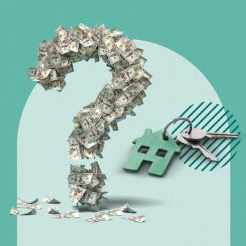 Illustrated graphic design featuring several money bills forming the shape of a question mark