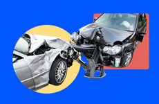 Graphic design image of two cars after a collision with broken bumpers.