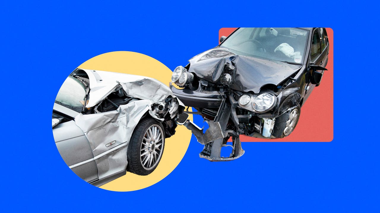 Graphic design image of two cars after a collision with broken bumpers.