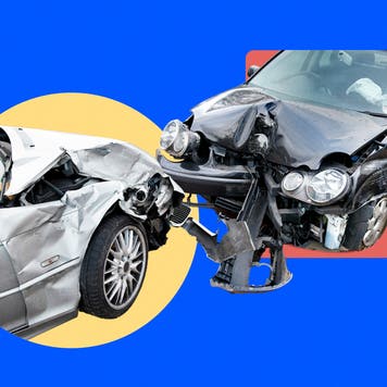 Graphic design image of two cars after a collision with broken bumpers.