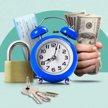 A collection of assorted items: old analog alarm clock, padlock, keys, a check, a hand holding cash