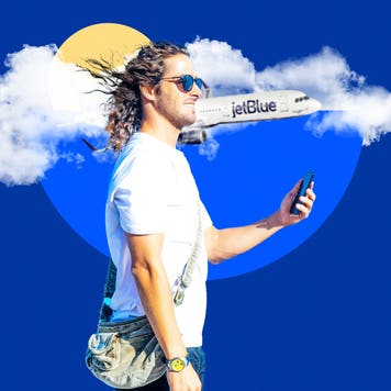 design element of a blue background showing a man holding a phone in front of him from side profile and a jetblue plane in the background