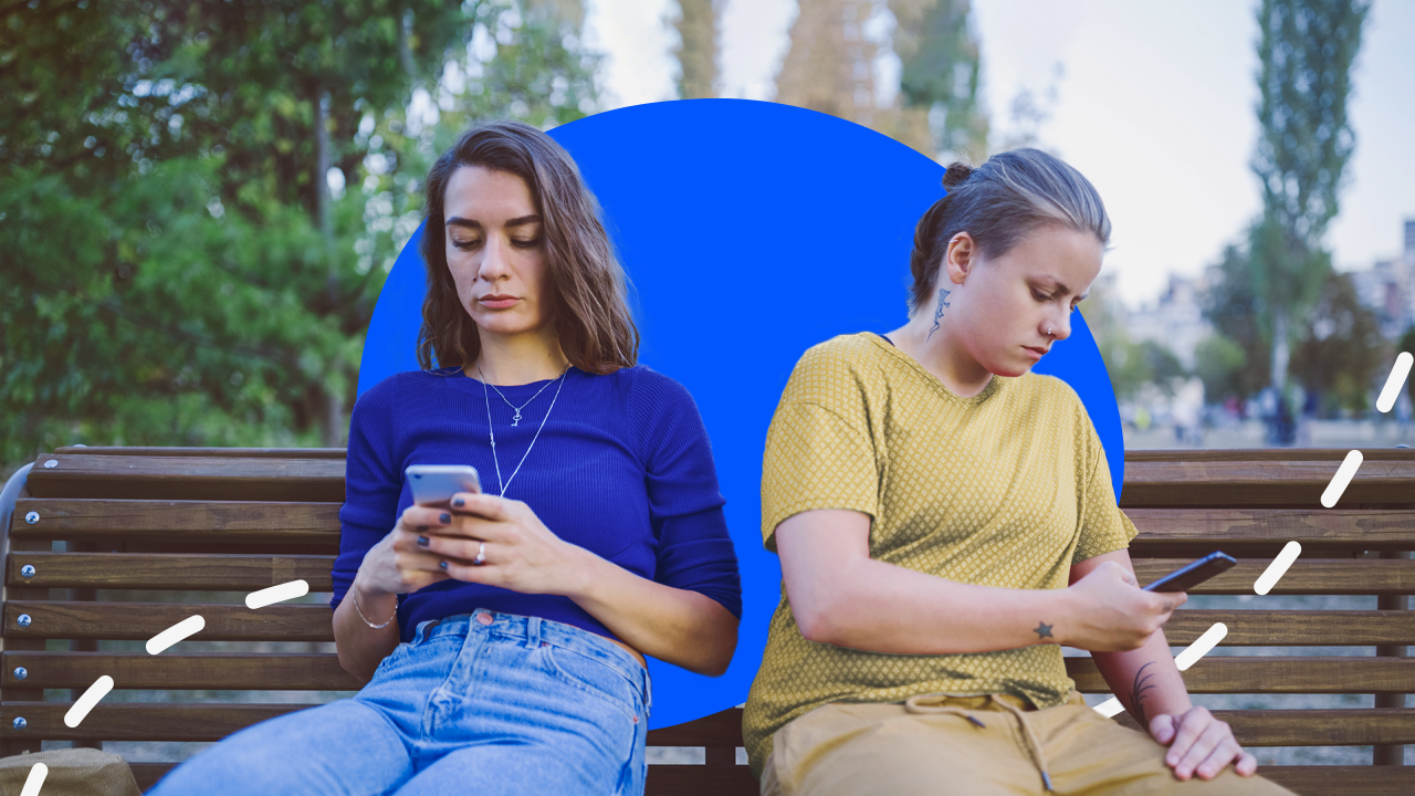 Illustration of young social media users on phones on a park bench