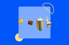 design image of a clothesline with books hanging