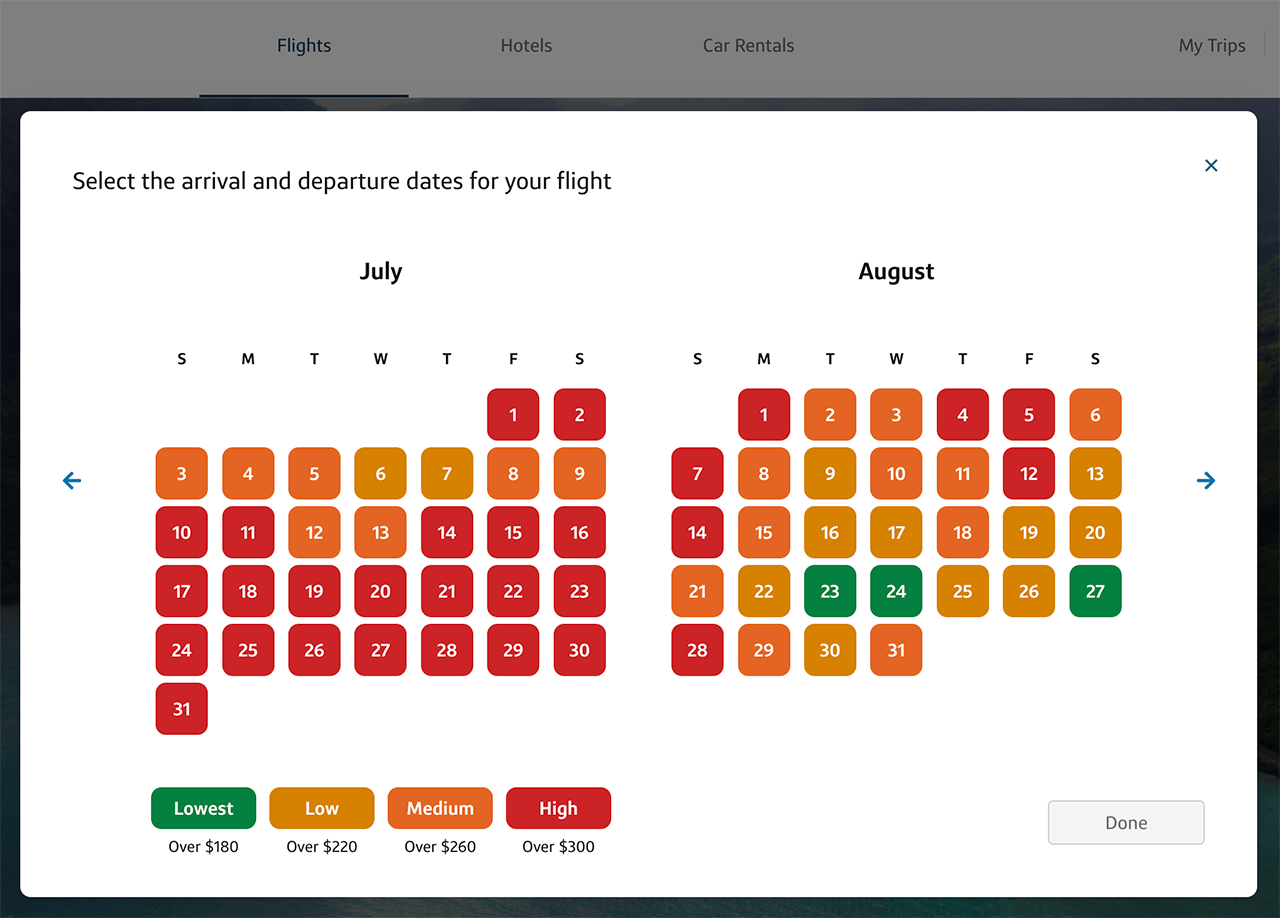 screenshot of airfare calendar