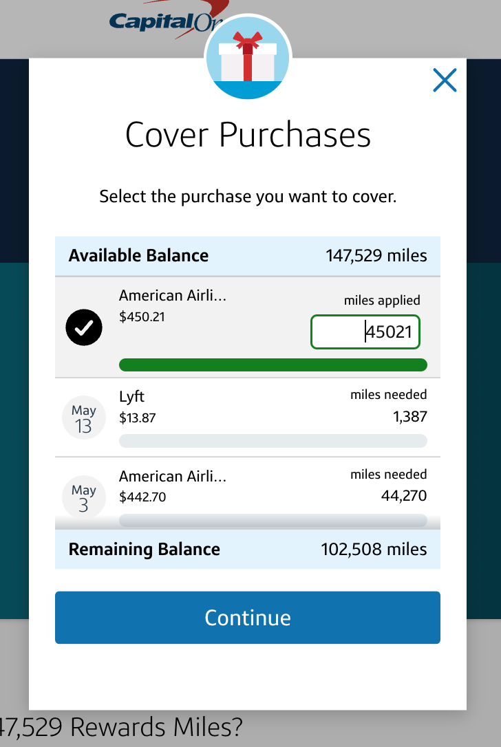 screenshot of cover purchases breakdown selecting american airlines flight