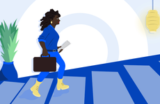 Illustration of woman climbing up stairs with briefcase
