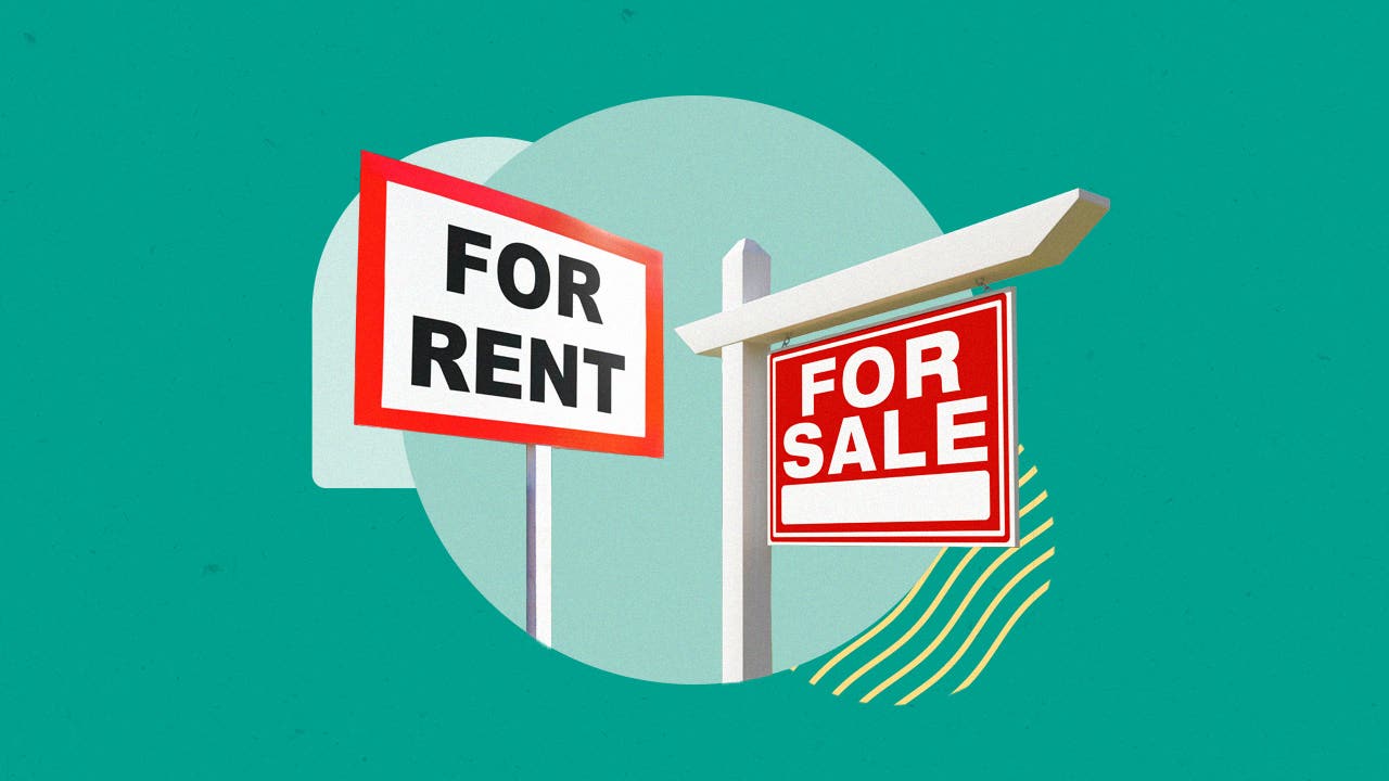 Illustrated collage featuring "For Rent" and "For Sale" signage