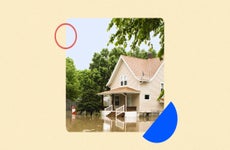 A home half-submerged in flood water with a design element overlayed on it.