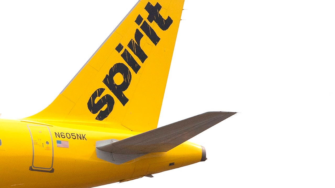 The tail section of an Airbus 320 operated by Spirit Airlines is seen as it approaches for landing at Baltimore Washington International Airport near Baltimore, Maryland on March 11, 2019. (Photo by Jim WATSON / AFP) (Photo credit should read JIM WATSON/AFP via Getty Images)