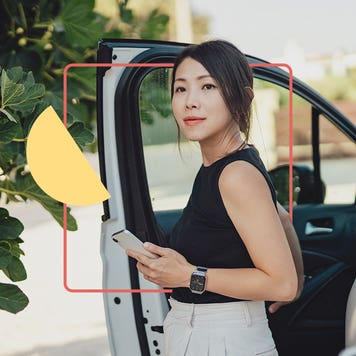 design element including a young women getting out of a card driver side