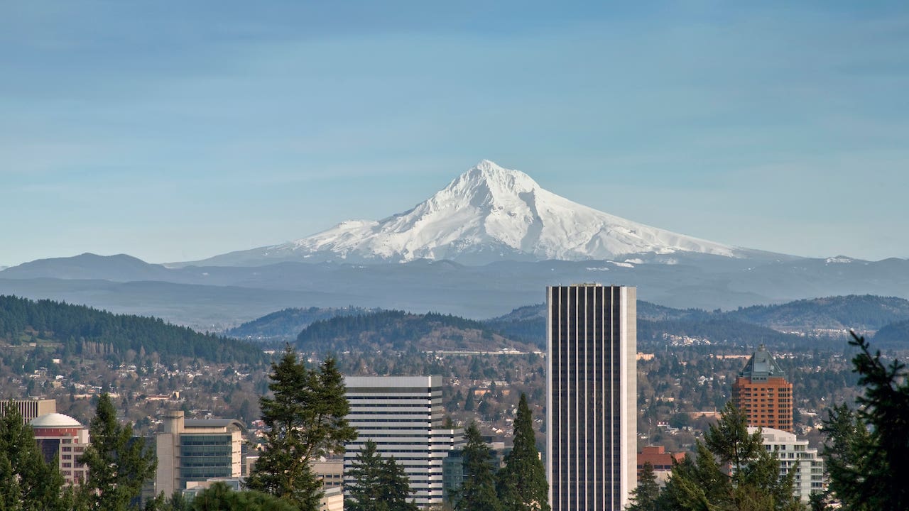 Portland Downtown with Mount Hood View from Japanese Garden