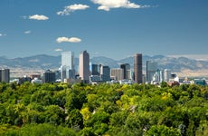 View of the Denver skyline with the Rocky Mountains in the background