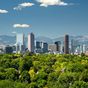 View of the Denver skyline with the Rocky Mountains in the background
