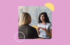 design element including two women talking with a pink background