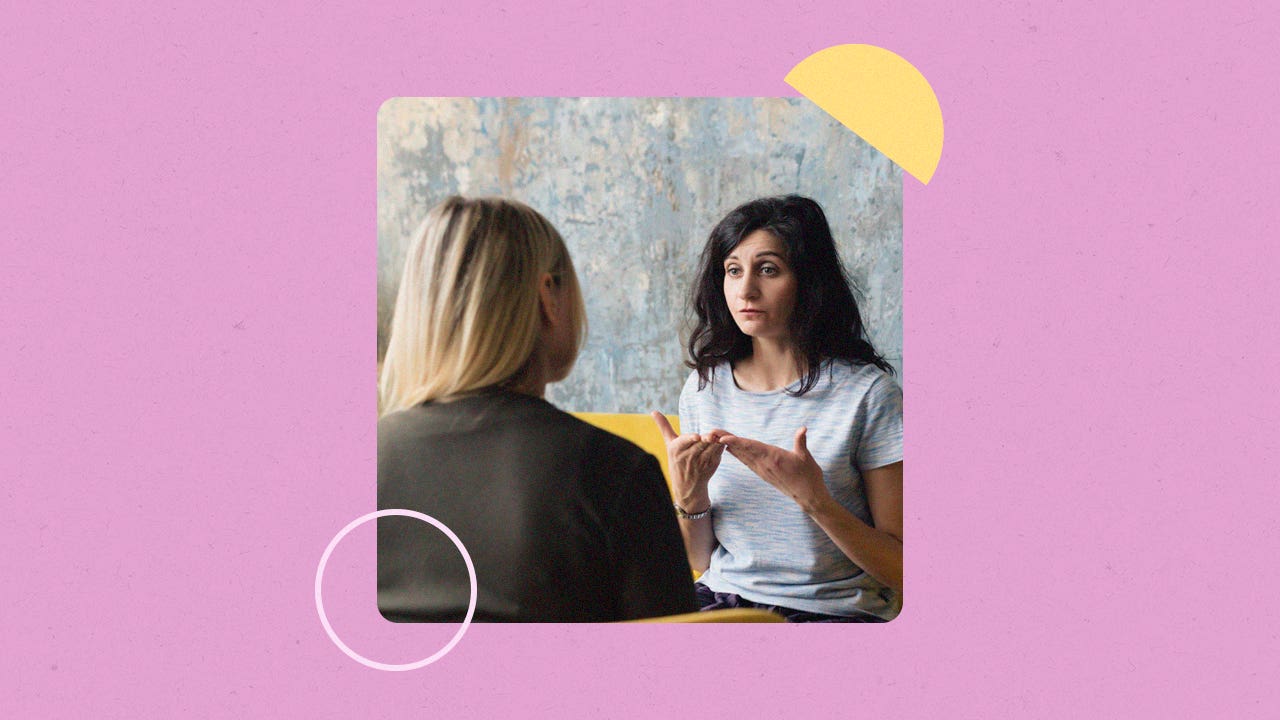 design element including two women talking with a pink background