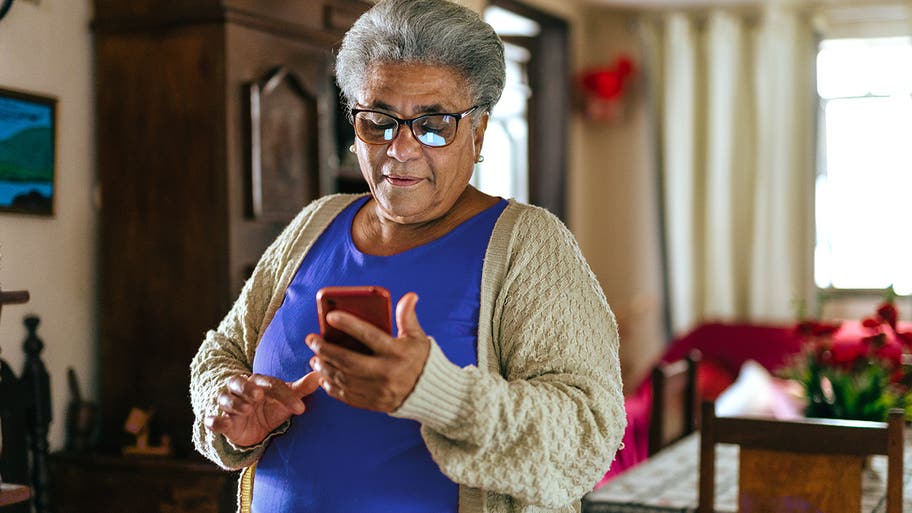 Elderly woman connected to the inteet at home