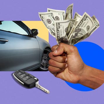 A fist holding cash, with a car in the background