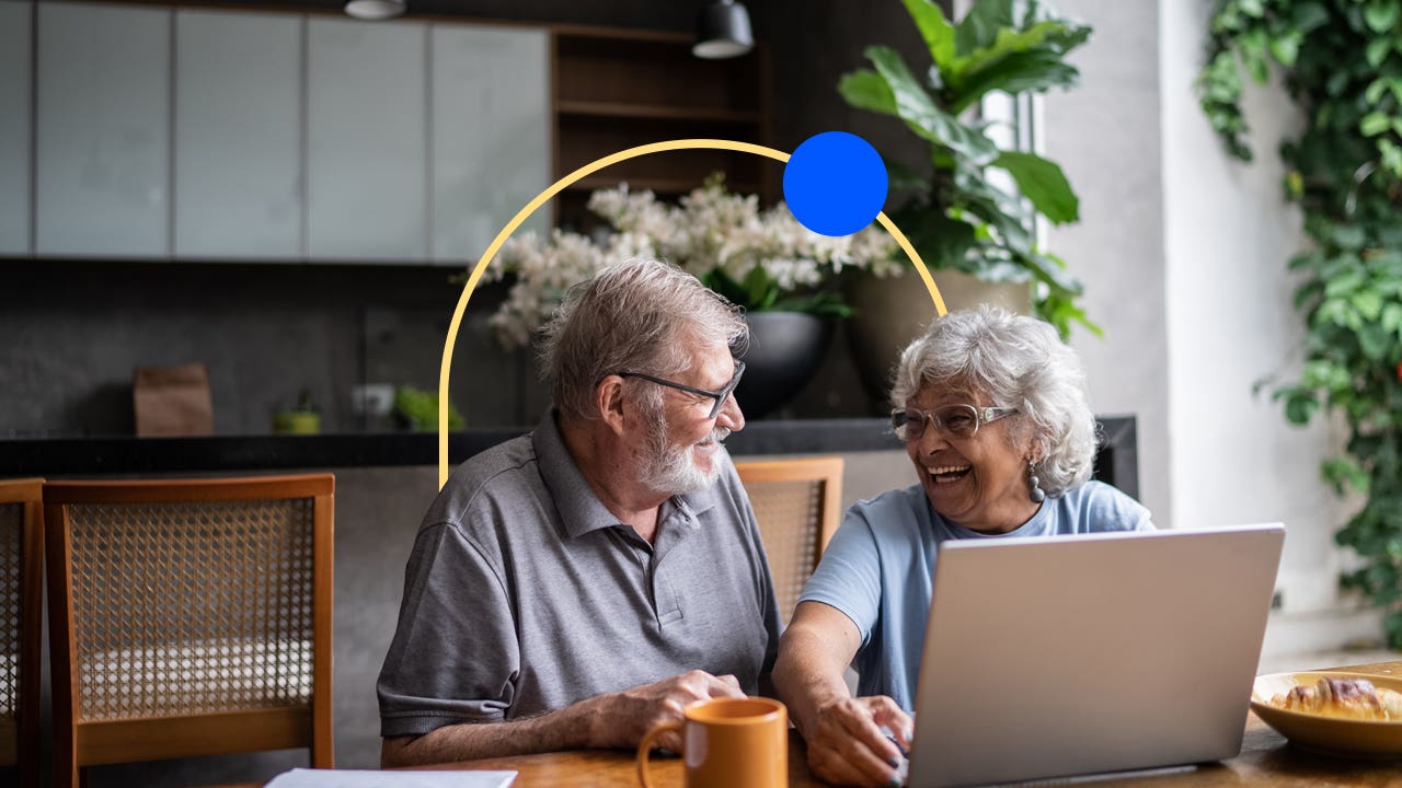 Image featuring an older couple in front of a computer with an illustrated graphic