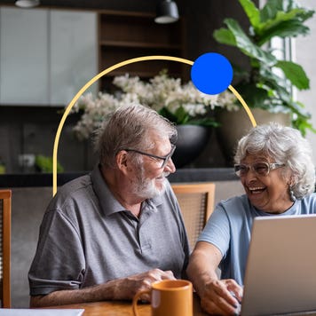Image featuring an older couple in front of a computer with an illustrated graphic