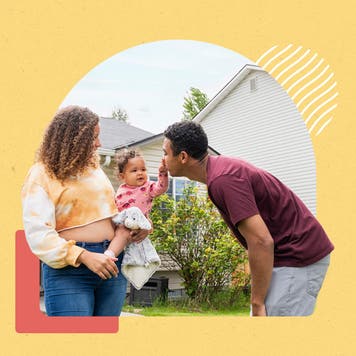 Illustrated graphic a woman holding a toddler. The toddler is 'boop'ing a mans nose.