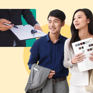 An illustration with an Asian couple considering a lease agreement.