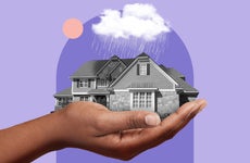 Illustration of a person holding a house with a rain cloud over it