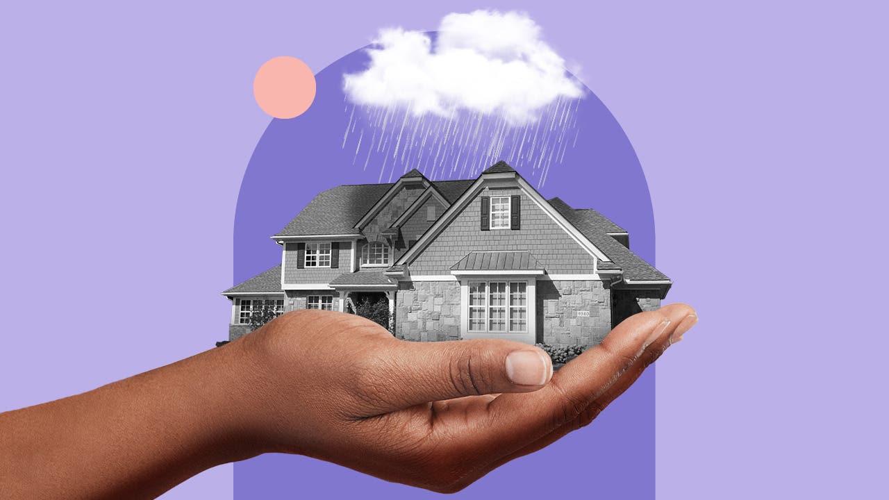 Illustration of a person holding a house with a rain cloud over it