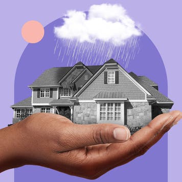 Illustration of a person holding a house with a rain cloud over it