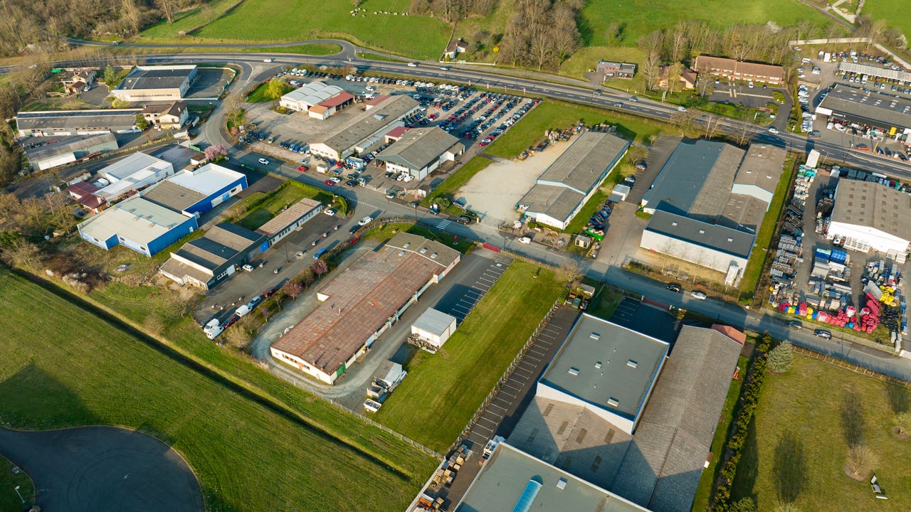 aerial view of industrial buildings