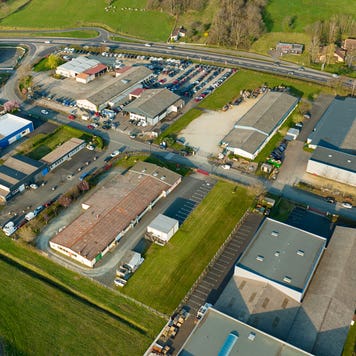 aerial view of industrial buildings