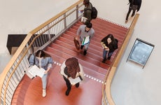 College students walk up stairs in building
