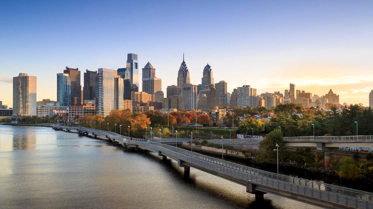 The skyline of Philadelphia, PA, as seen from the Schuylkill River