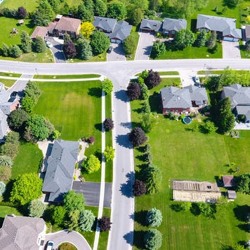 aerial view of houses along a suburban street