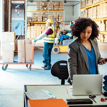 Warehouse Manager using a laptop