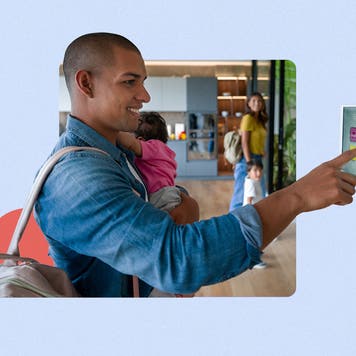 Illustrated collage featuring a young adult holding an infaltn and using a smart device anchored to a wall