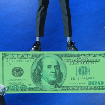 Illustration of couple holding up large graphic of 100 dollar bill