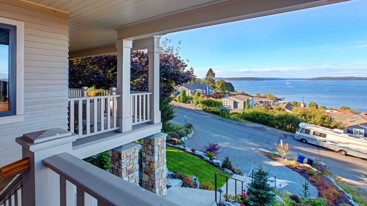 view of the Puget Sound from the deck of a house in Tacoma, Washington