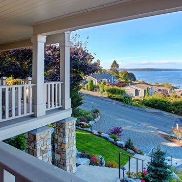 view of the Puget Sound from the deck of a house in Tacoma, Washington