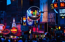 Nighttime view of the neon signs on Memphis