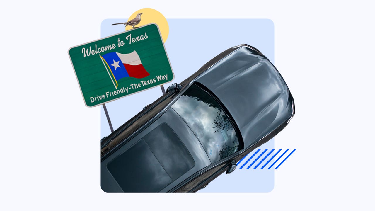 Image of a car with the perspective viewing down on it with a Texas state limit sign.