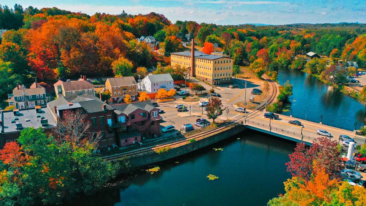 aerial photo of downtown Somersworth, New Hampshire during fall