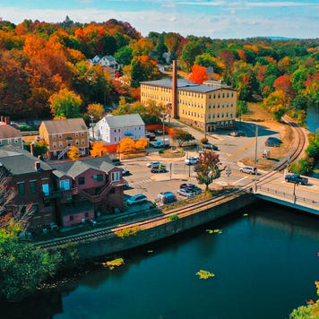 aerial photo of downtown Somersworth, New Hampshire during fall