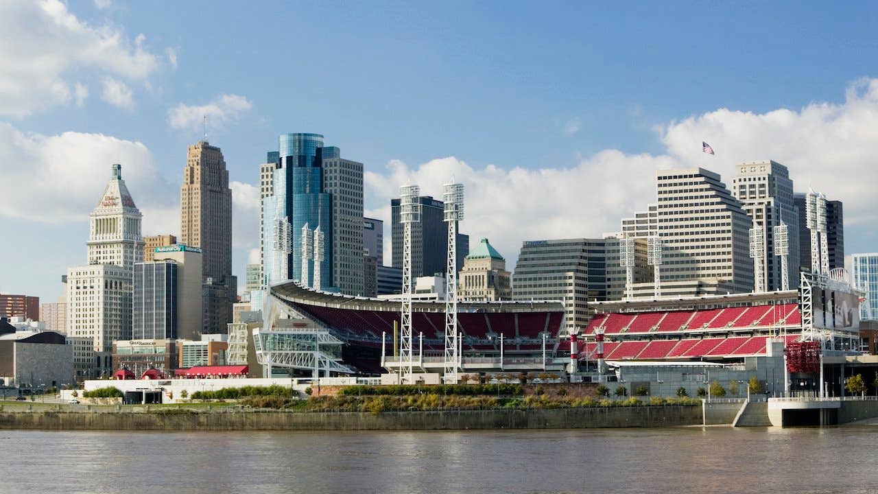 skyline of Cincinnati as seen from the Ohio River, with Bengals stadium in view