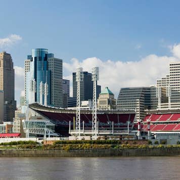 skyline of Cincinnati as seen from the Ohio River, with Bengals stadium in view