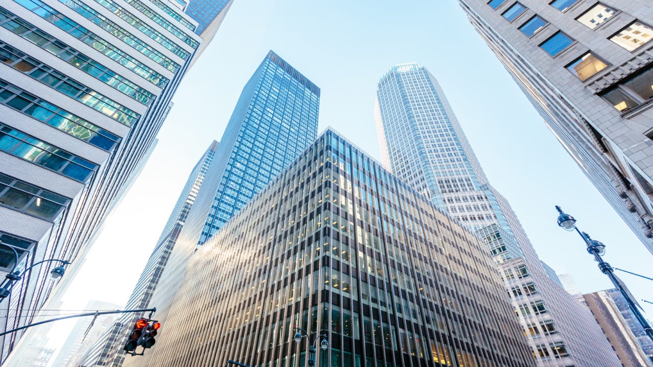 Low angle view of modern office buildings skyscrapers in Manhattan Midtown, New York