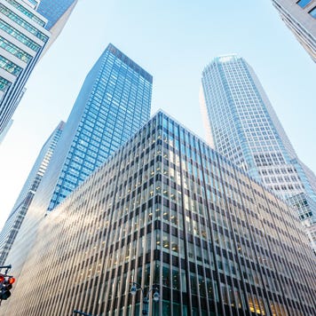 Low angle view of modern office buildings skyscrapers in Manhattan Midtown, New York