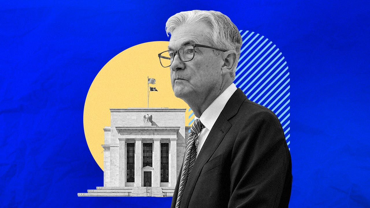 Jerome Powell looking serious juxtaposed against an illustrated blue background