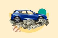 An illustrated image of a blue hatchback car on a pile of cash against a yellow background