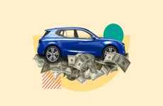 An illustrated image of a blue hatchback car on a pile of cash against a yellow background